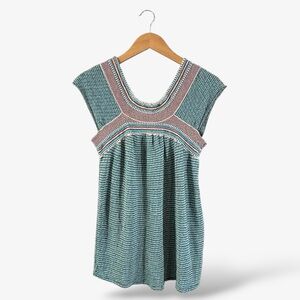 Aldo Martins Blue Stretch Knit Top Size L Stripe Low Back Cap Sleeve Boho Casual